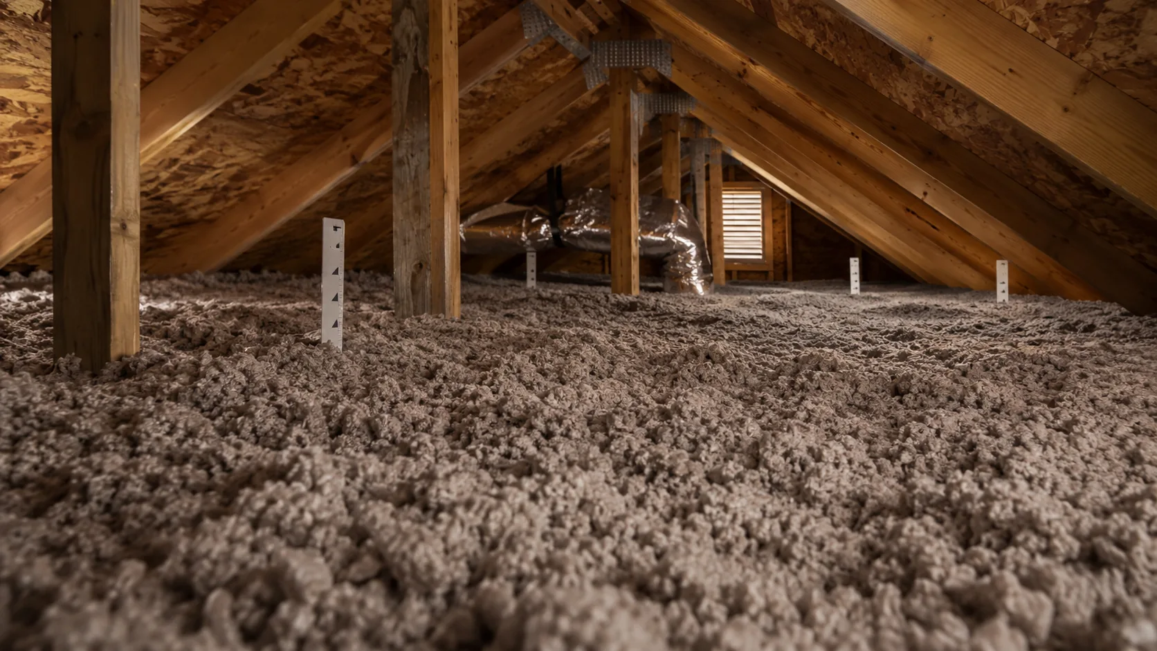 Finished attic floor covered in loose-fill insulation