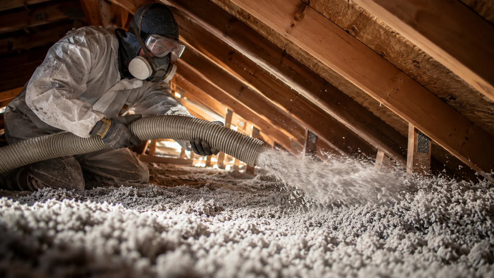 Attic worker installing cellulose insulation